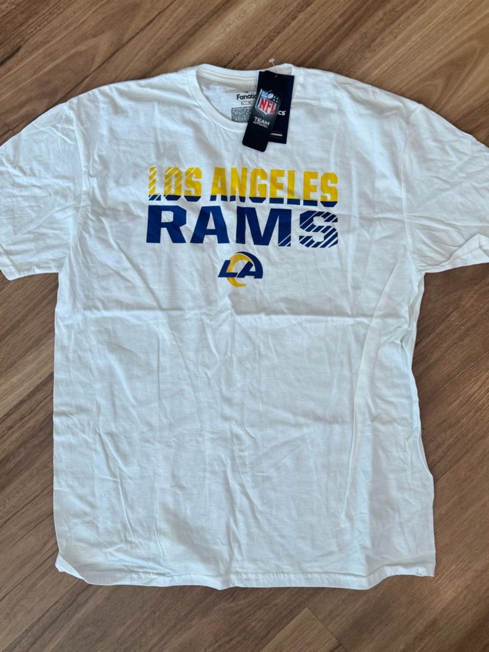 Fanatics White Los Angeles Rams Team Logo Tee with Blue and Yellow Print
